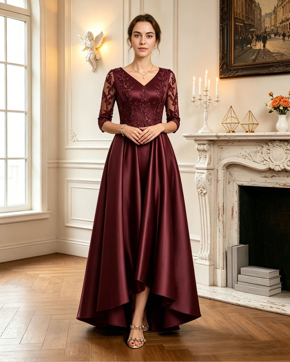 sheer lace three quarter sleeves dress