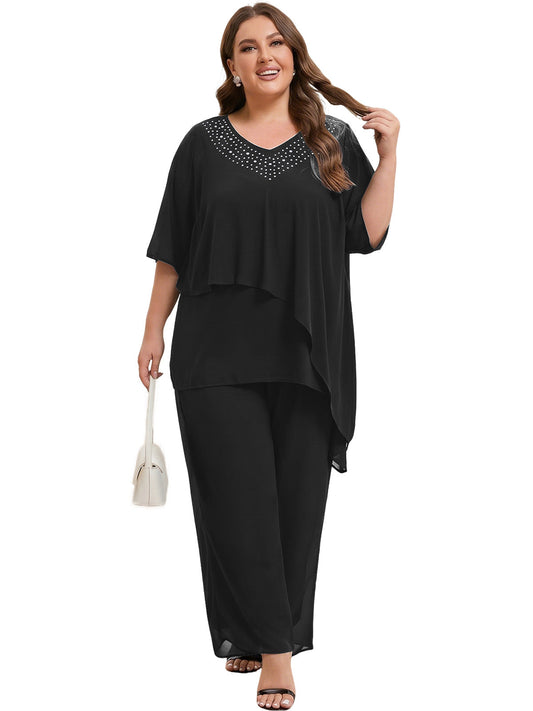Black beaded V-neck layered chiffon set with wide-leg pants, asymmetrical top
