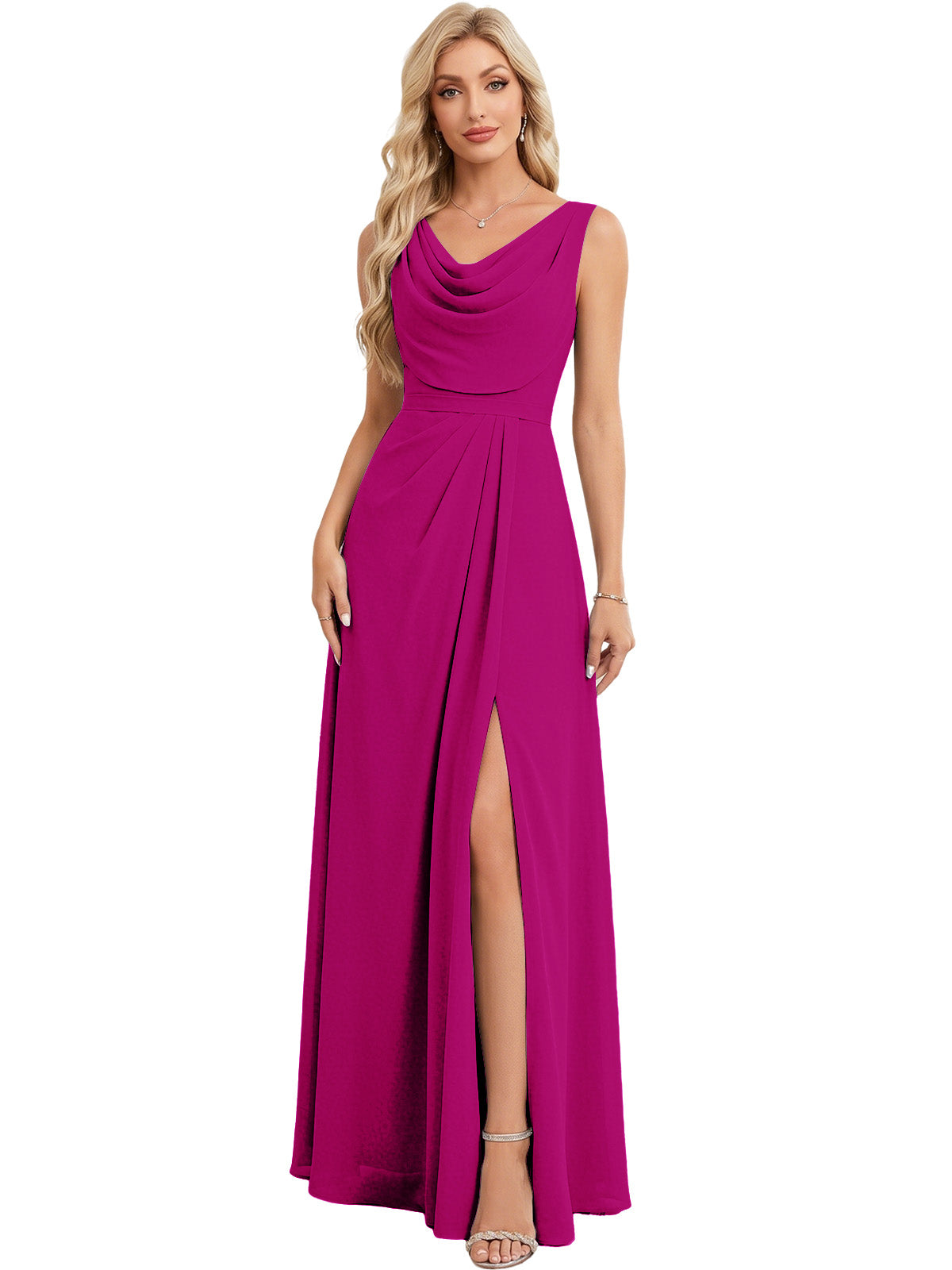 Fuchsia cowl-neck chiffon A-line bridesmaid dress with front slit
