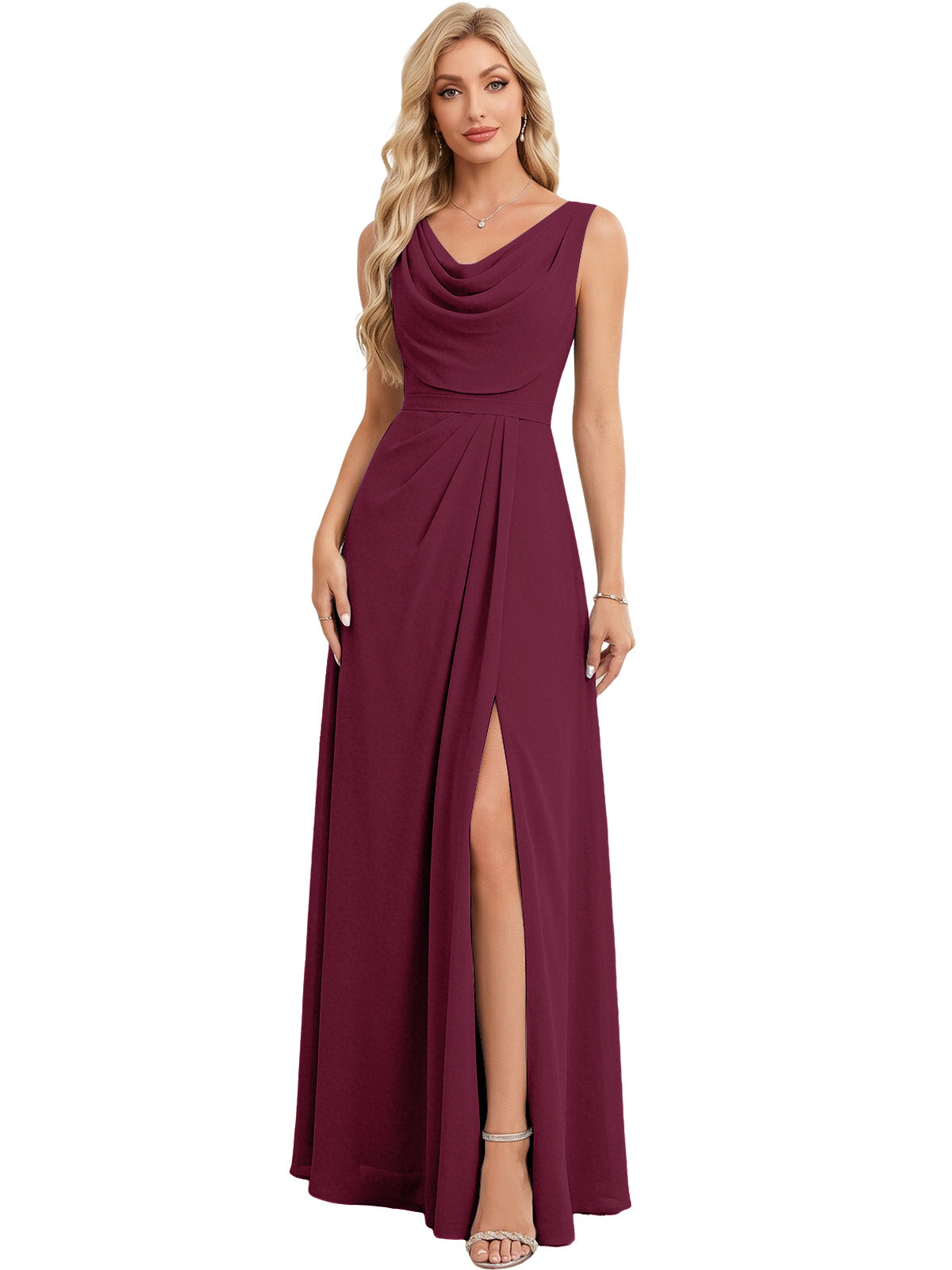 Burgundy cowl-neck chiffon A-line dress with front slit, sleeveless