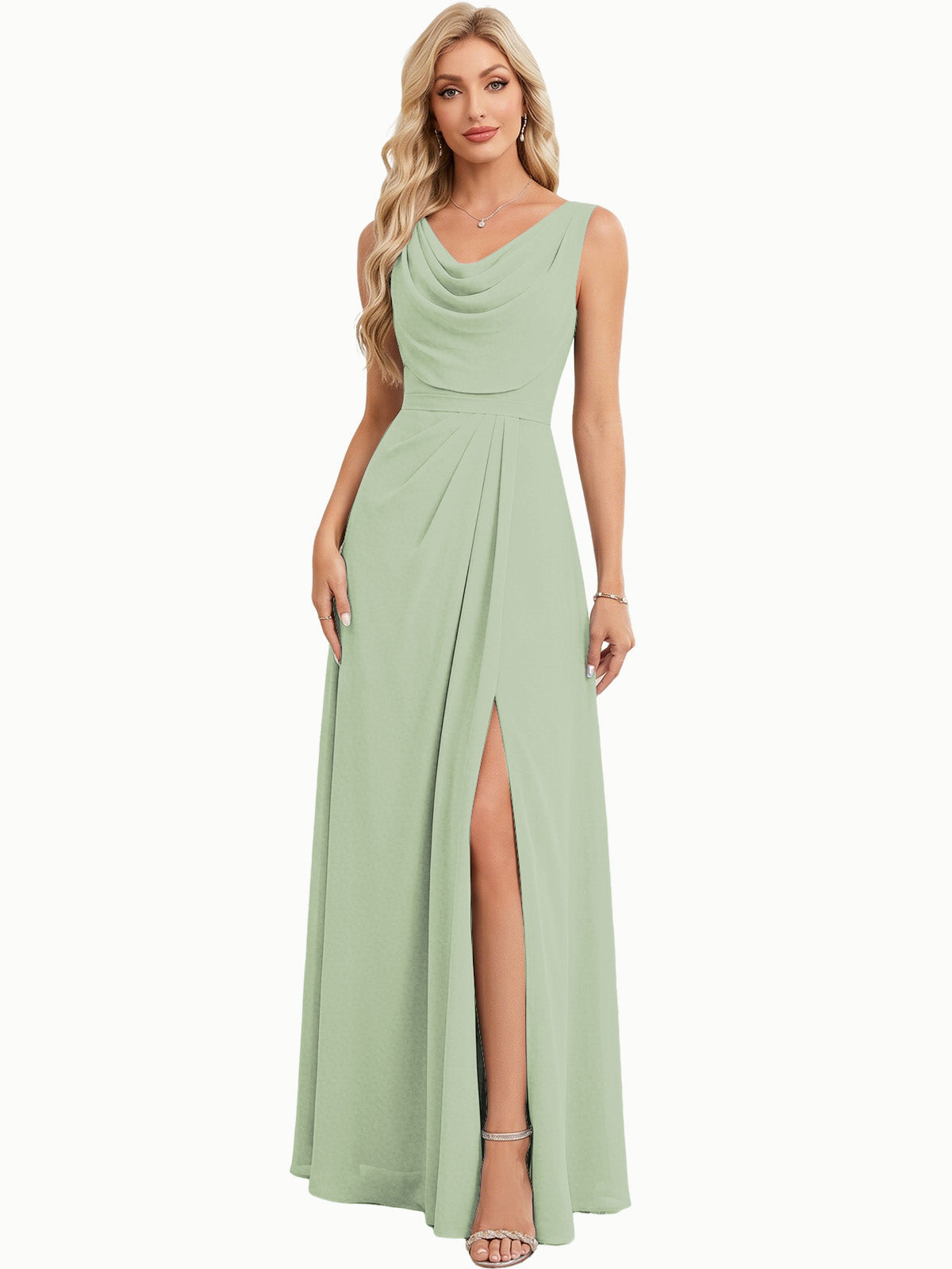 Sage green cowl-neck chiffon A-line bridesmaid dress with sleeveless bodice and front slit