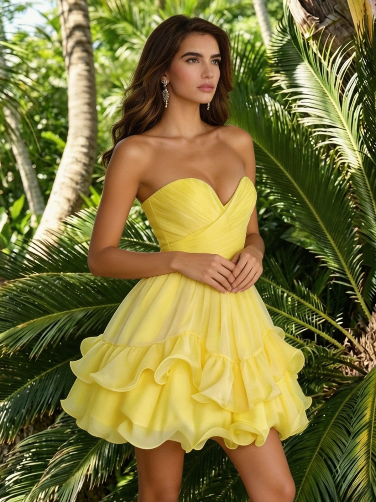 Lemon yellow strapless sweetheart chiffon dress with tiered ruffle skirt and fitted waist