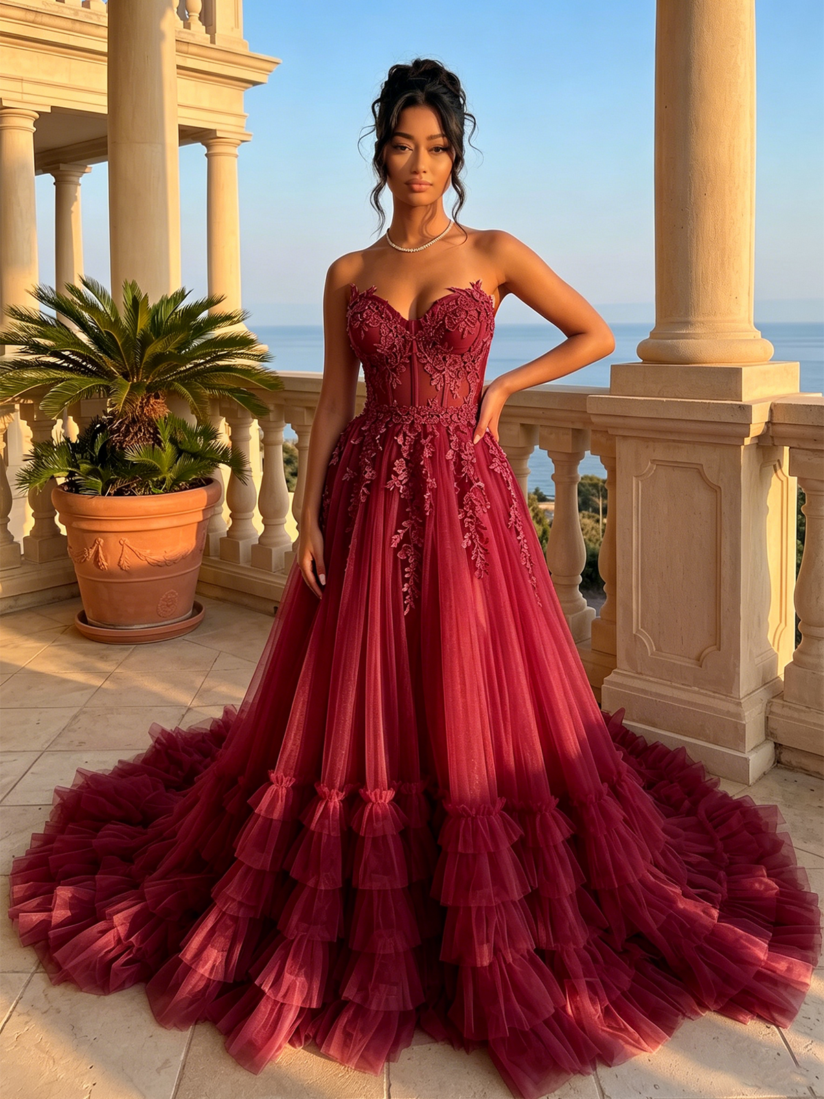 Burgundy strapless sweetheart lace corset prom dress with tiered tulle ruffle skirt