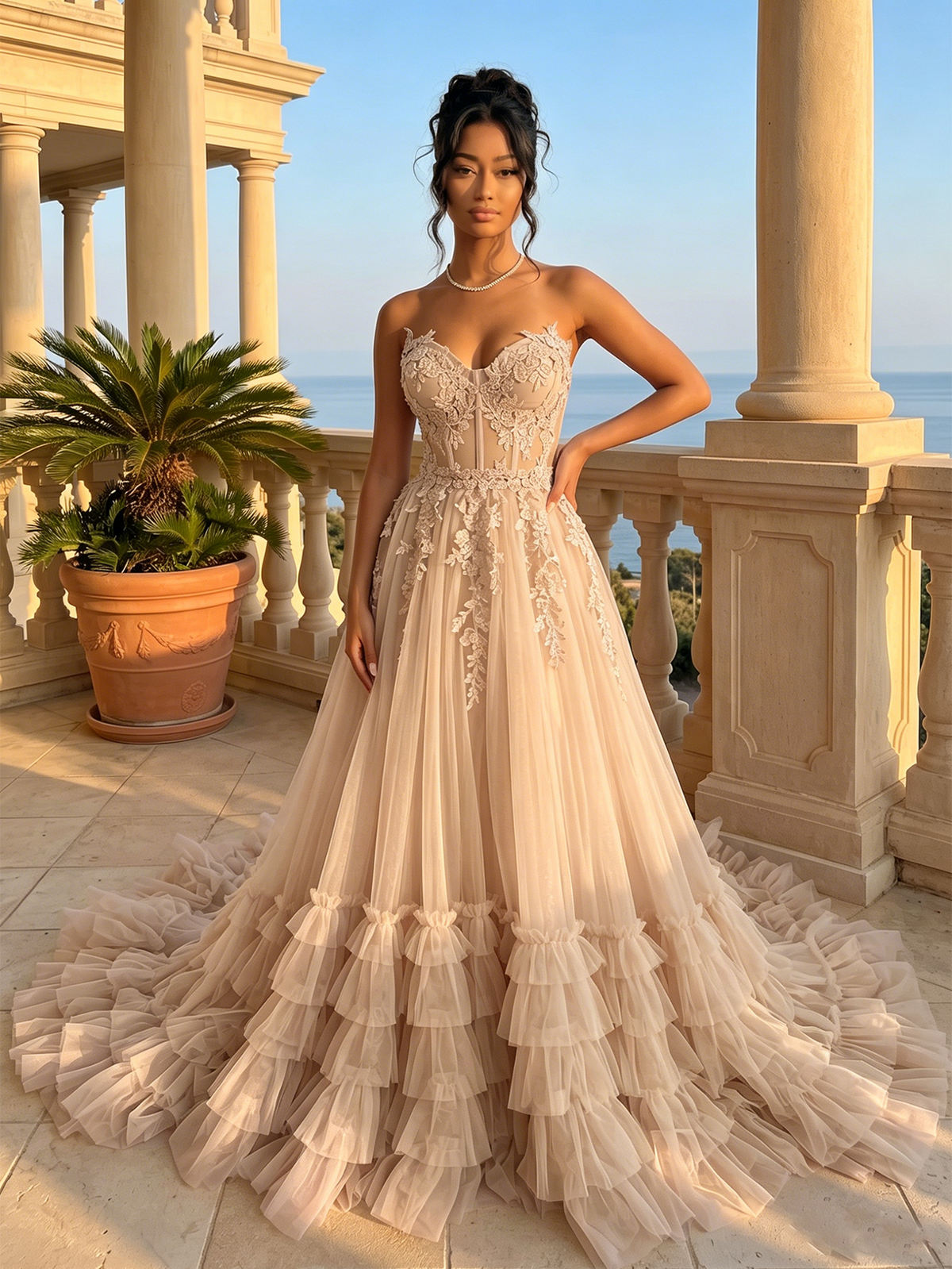 Champagne strapless sweetheart lace corset tulle prom dress with tiered ruffles
