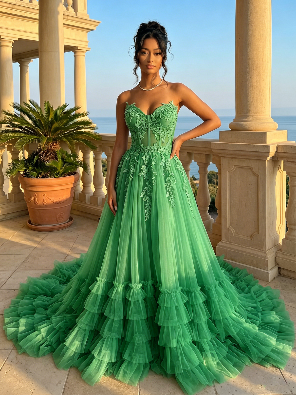 Green strapless sweetheart lace corset prom dress with tiered tulle ruffle skirt