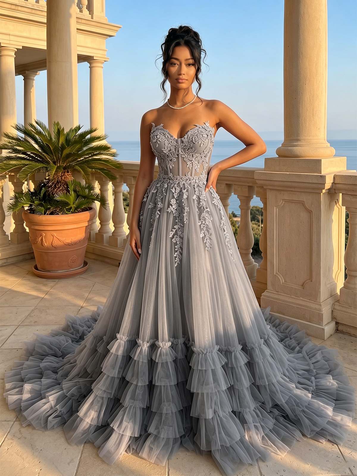 Grey strapless sweetheart lace corset tulle prom dress with layered ruffle tiers