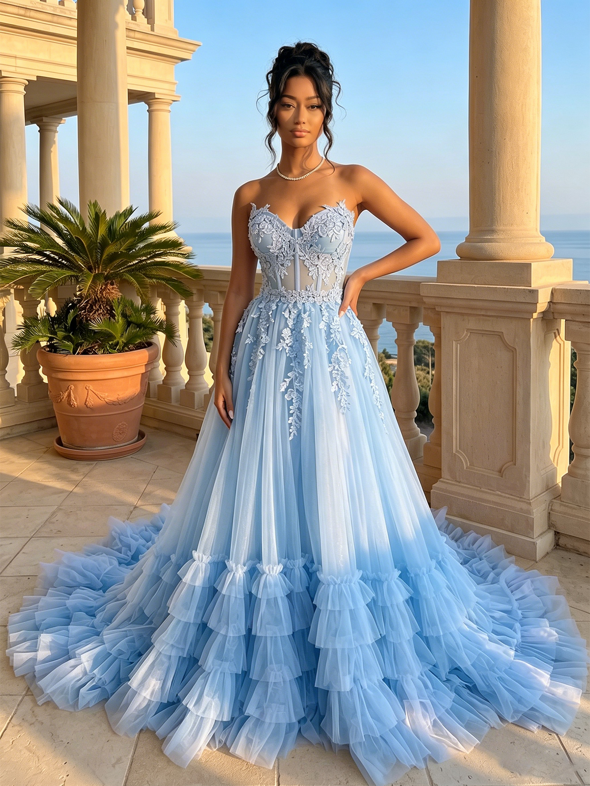 Light blue strapless sweetheart lace corset prom dress with tiered tulle ruffle skirt