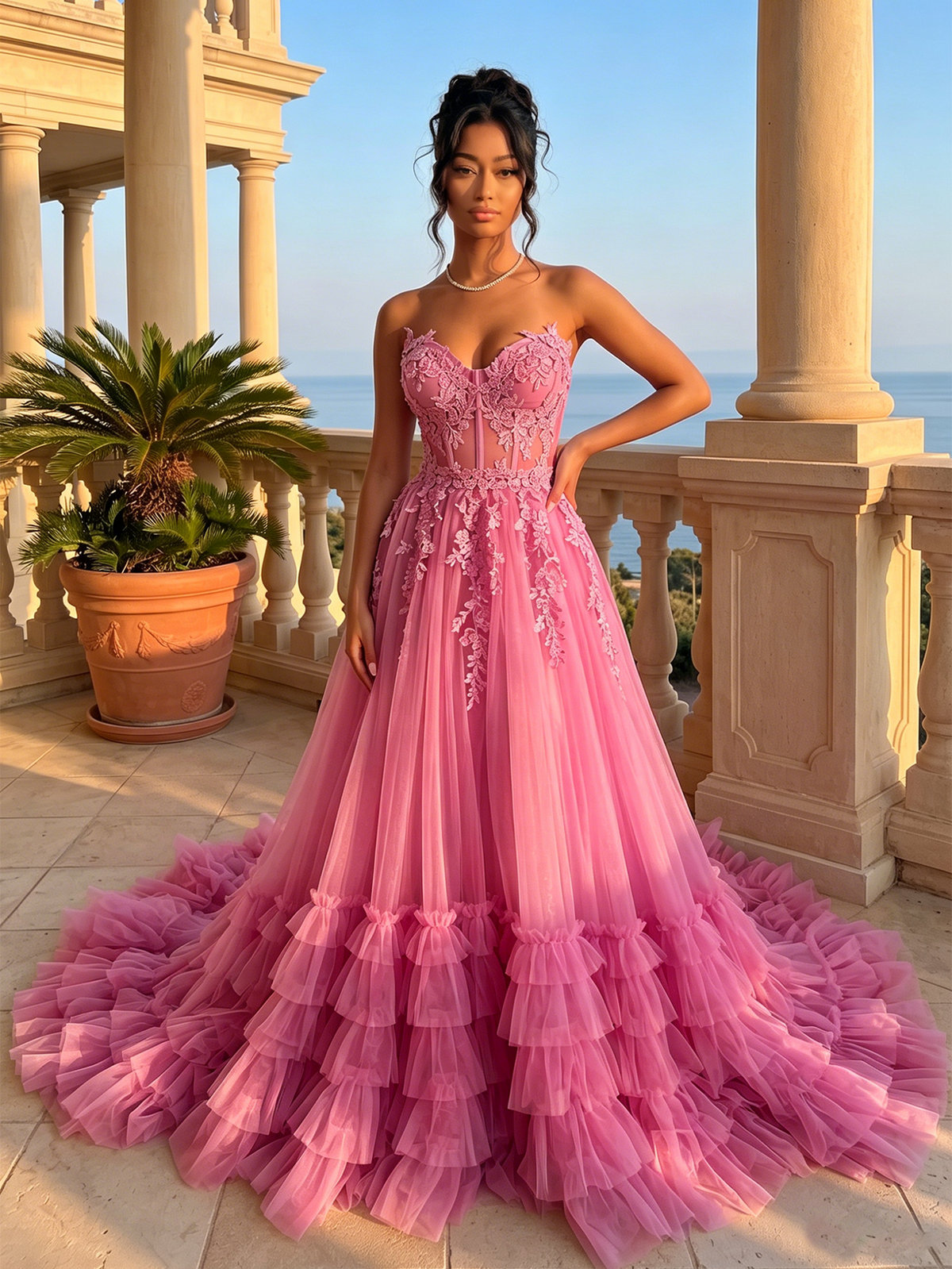 Pink strapless sweetheart lace corset prom dress with tiered tulle ruffle skirt