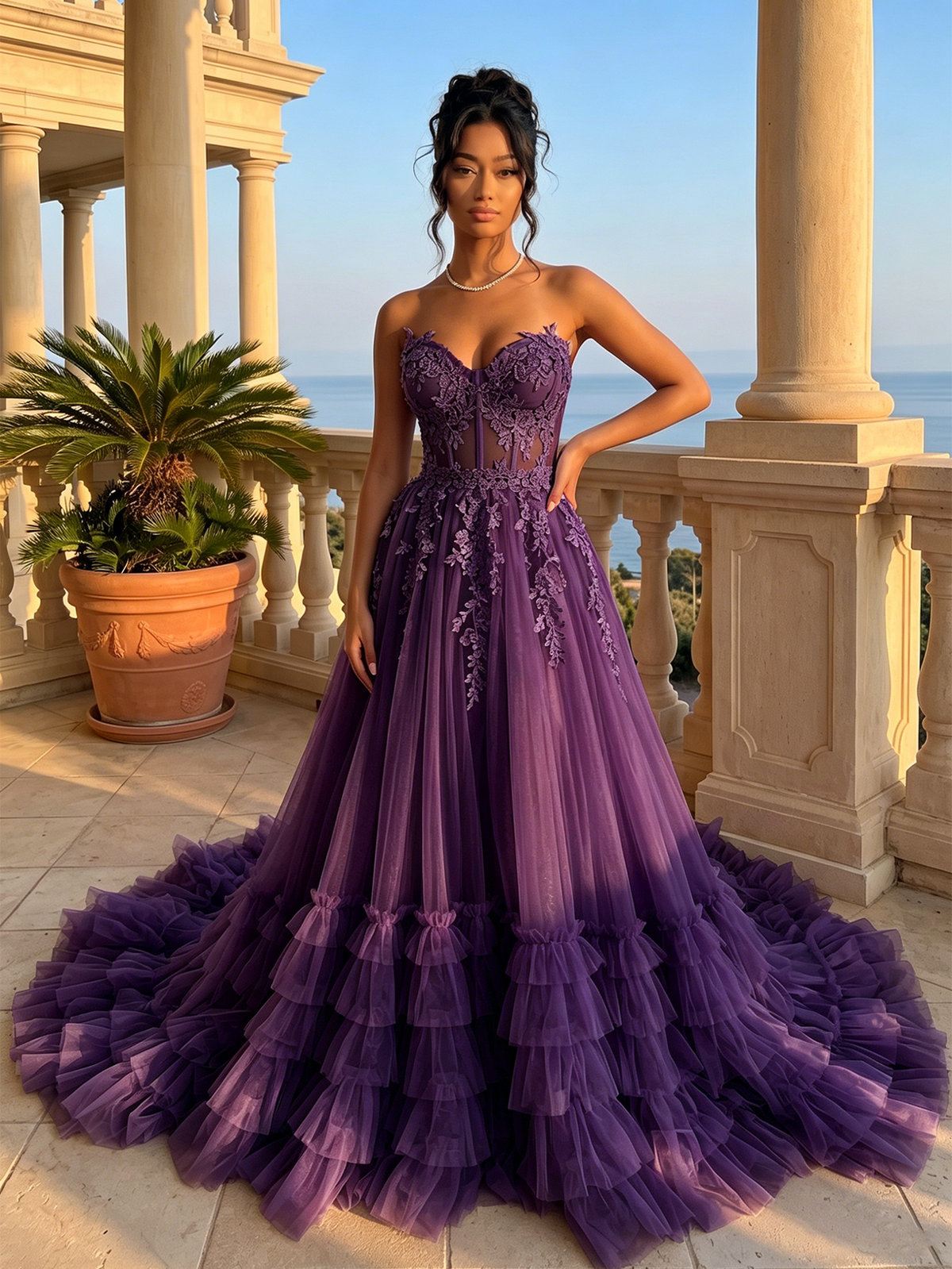 Purple strapless sweetheart lace corset prom dress with tiered tulle ruffle skirt