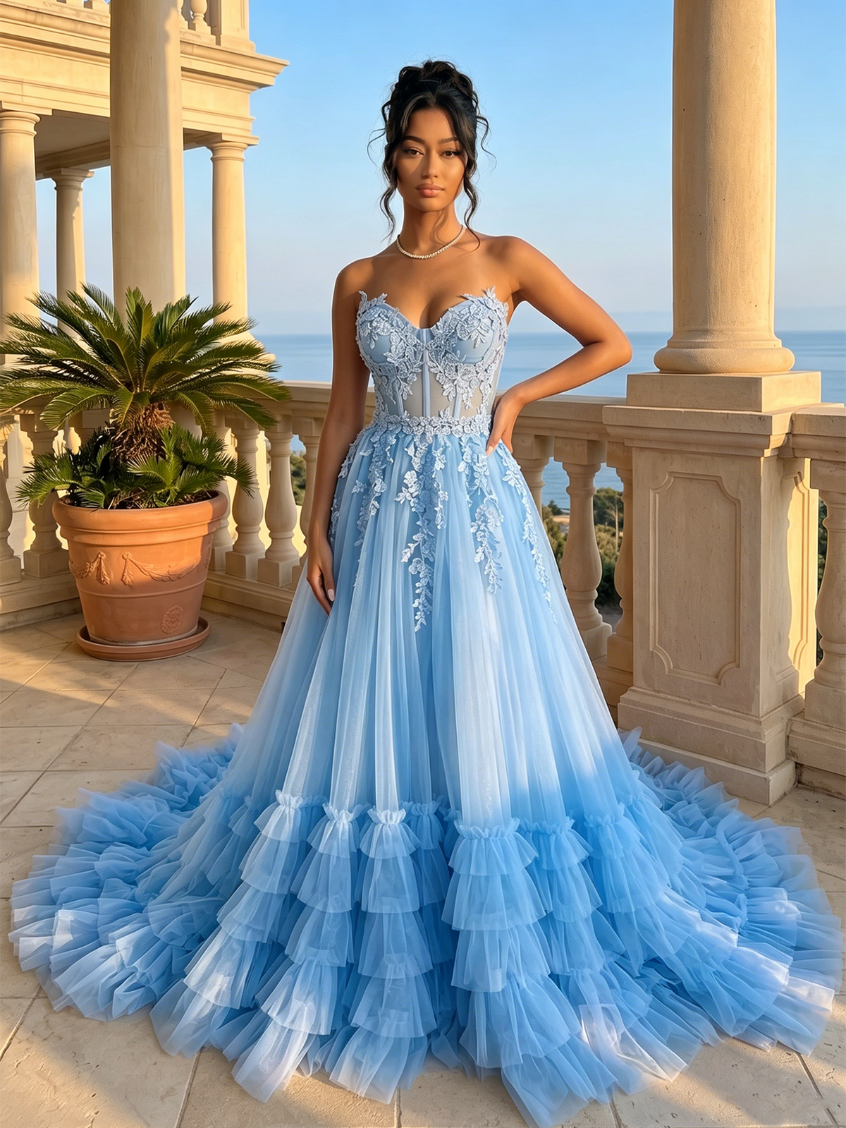 Blue strapless sweetheart lace corset prom dress with tiered tulle ruffle skirt