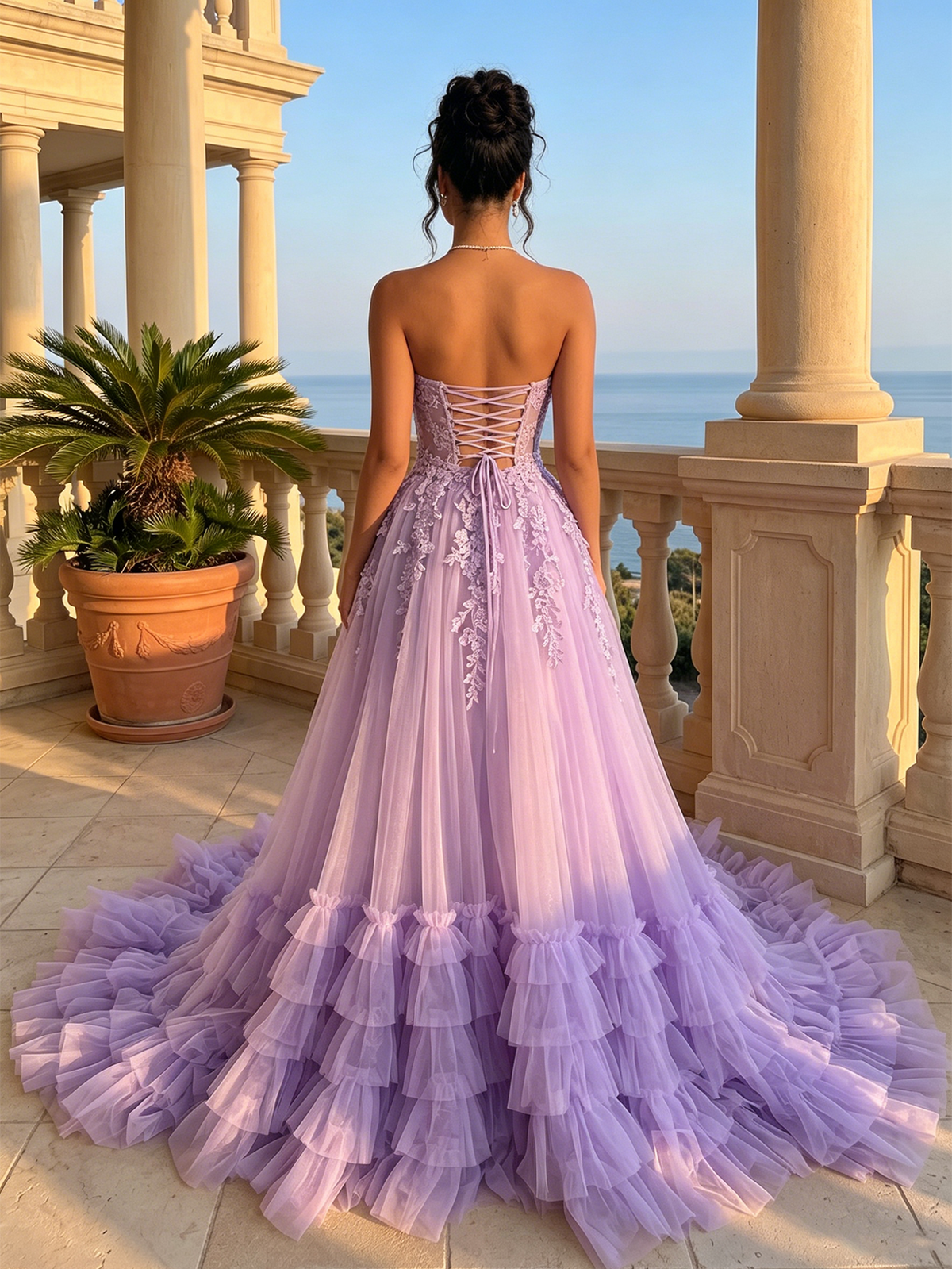 Lavender backless strapless lace tulle A-line prom dress with tiered ruffles