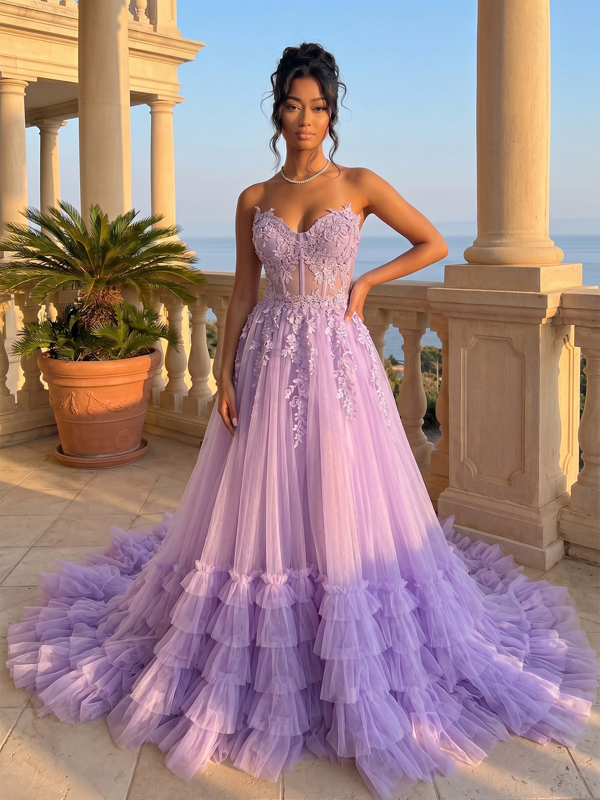Lavender strapless sweetheart lace bodice tulle A-line prom dress with ruffle tiers