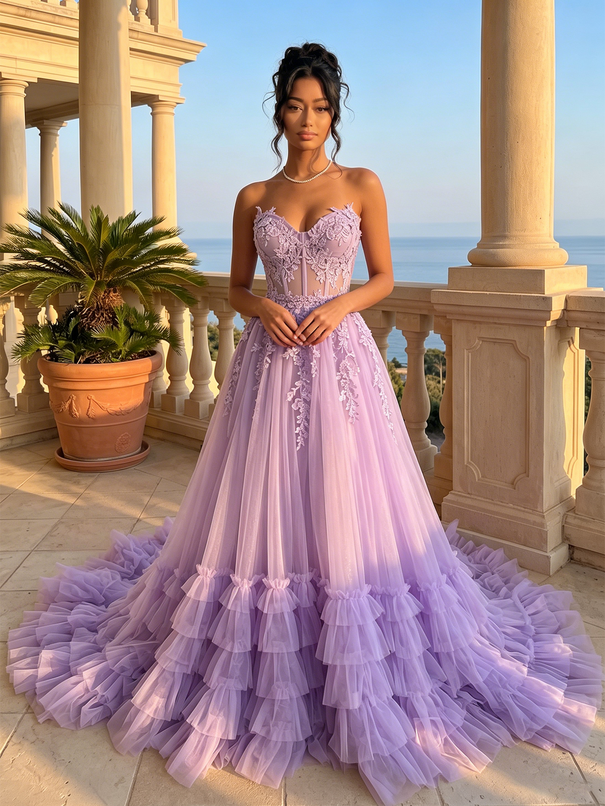 Lavender strapless sweetheart lace tulle prom dress with ruffled A-line skirt