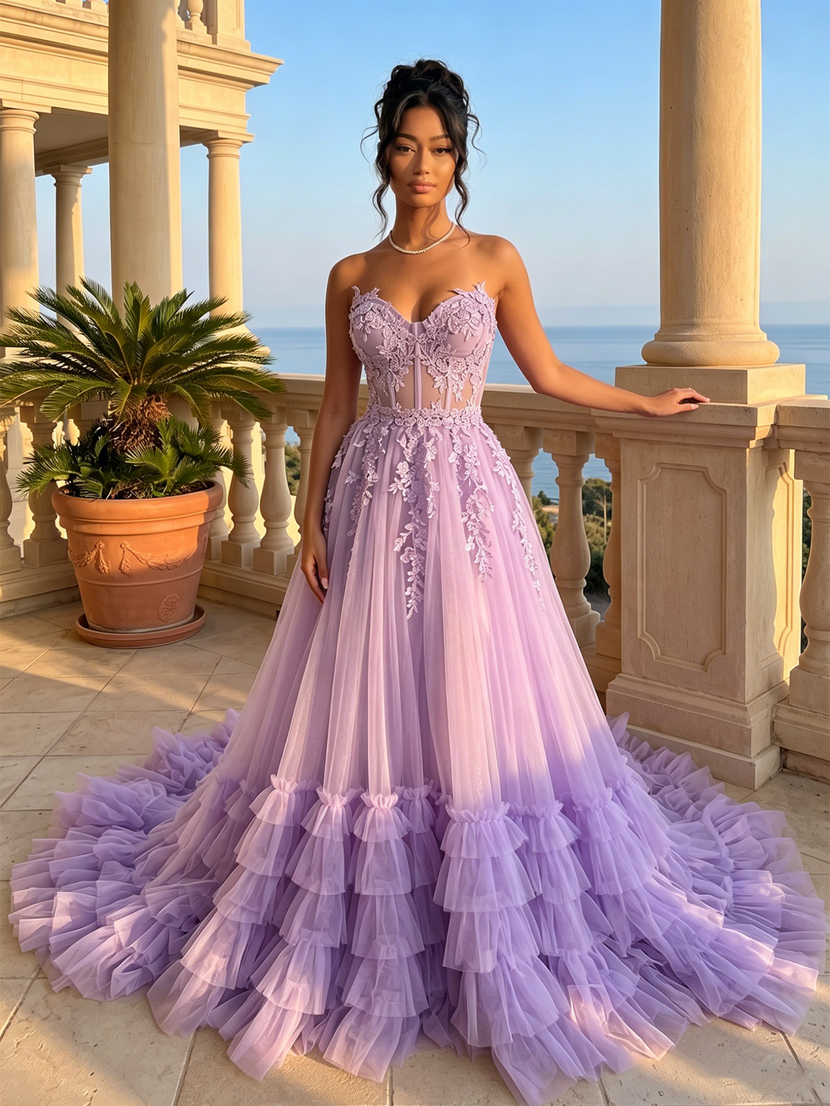 Lavender strapless lace corset tulle prom dress with layered ruffle skirt