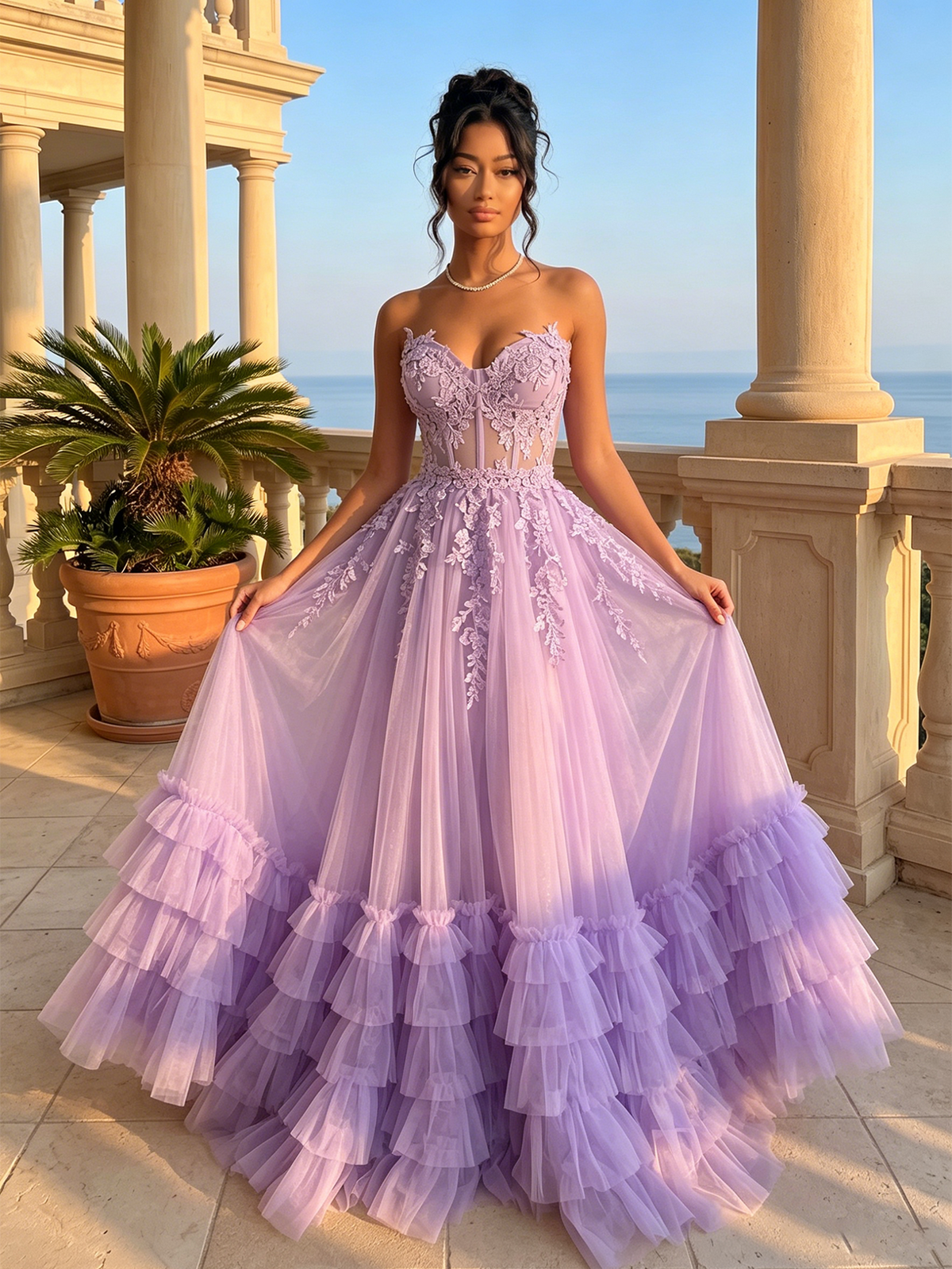 Lavender strapless lace corset tulle A-line prom dress with full tiered ruffles
