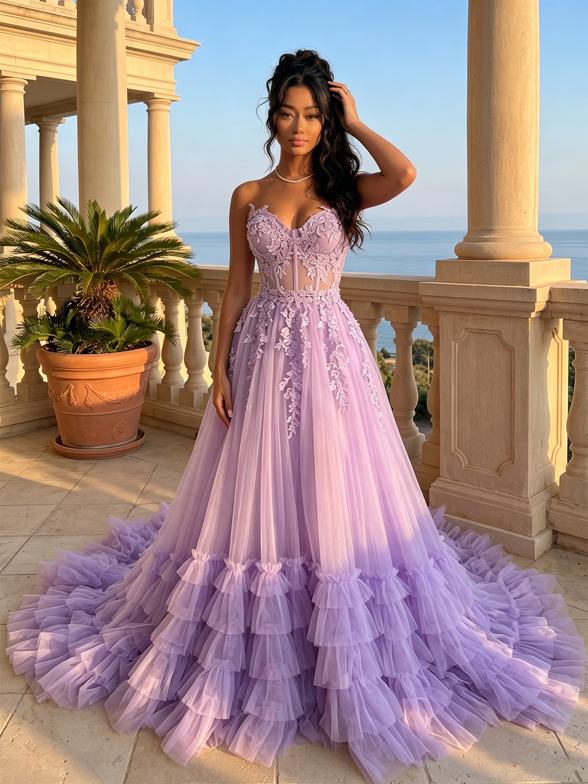 Lavender strapless sweetheart lace tulle prom dress with layered ruffle hem