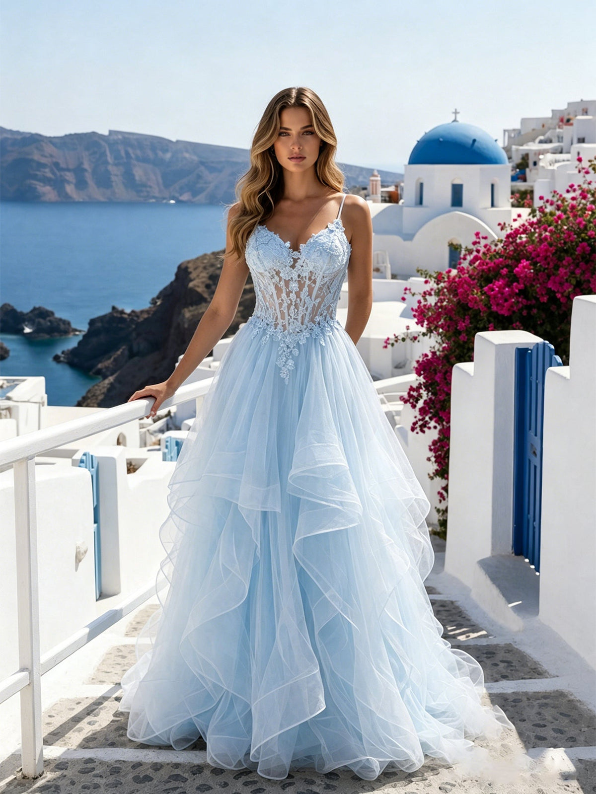 Light blue lace corset prom dress with spaghetti straps and cascading tiered tulle ruffles