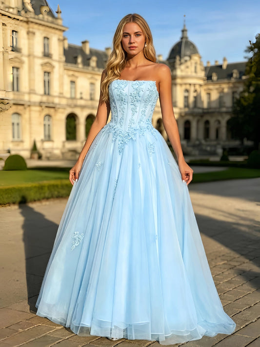 Strapless lace corset ball gown in light blue with embroidered bodice and tulle A-line skirt