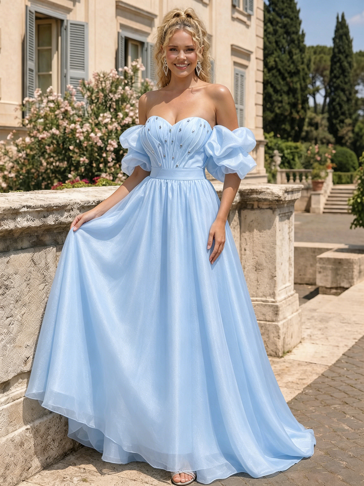 Sky-blue off-shoulder sweetheart A-line prom dress with puff sleeves and full skirt