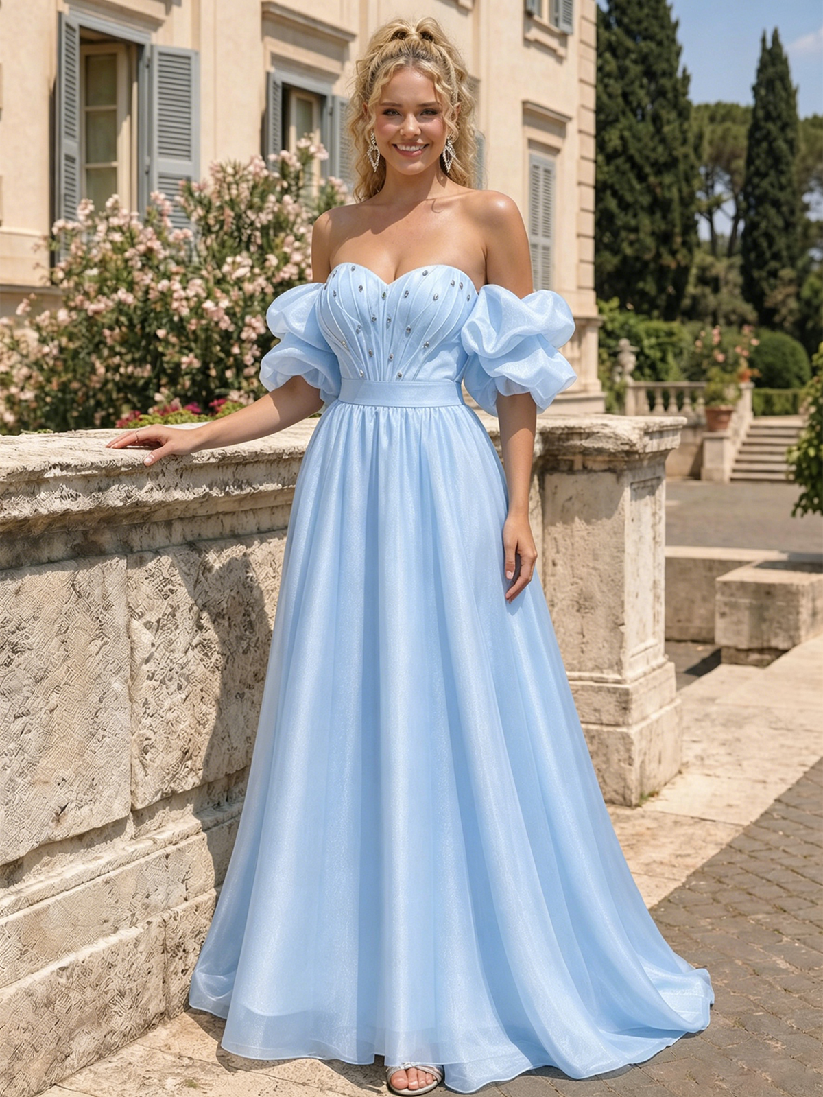 Sky-blue off-shoulder sweetheart A-line prom dress with decorative bodice and puff sleeves
