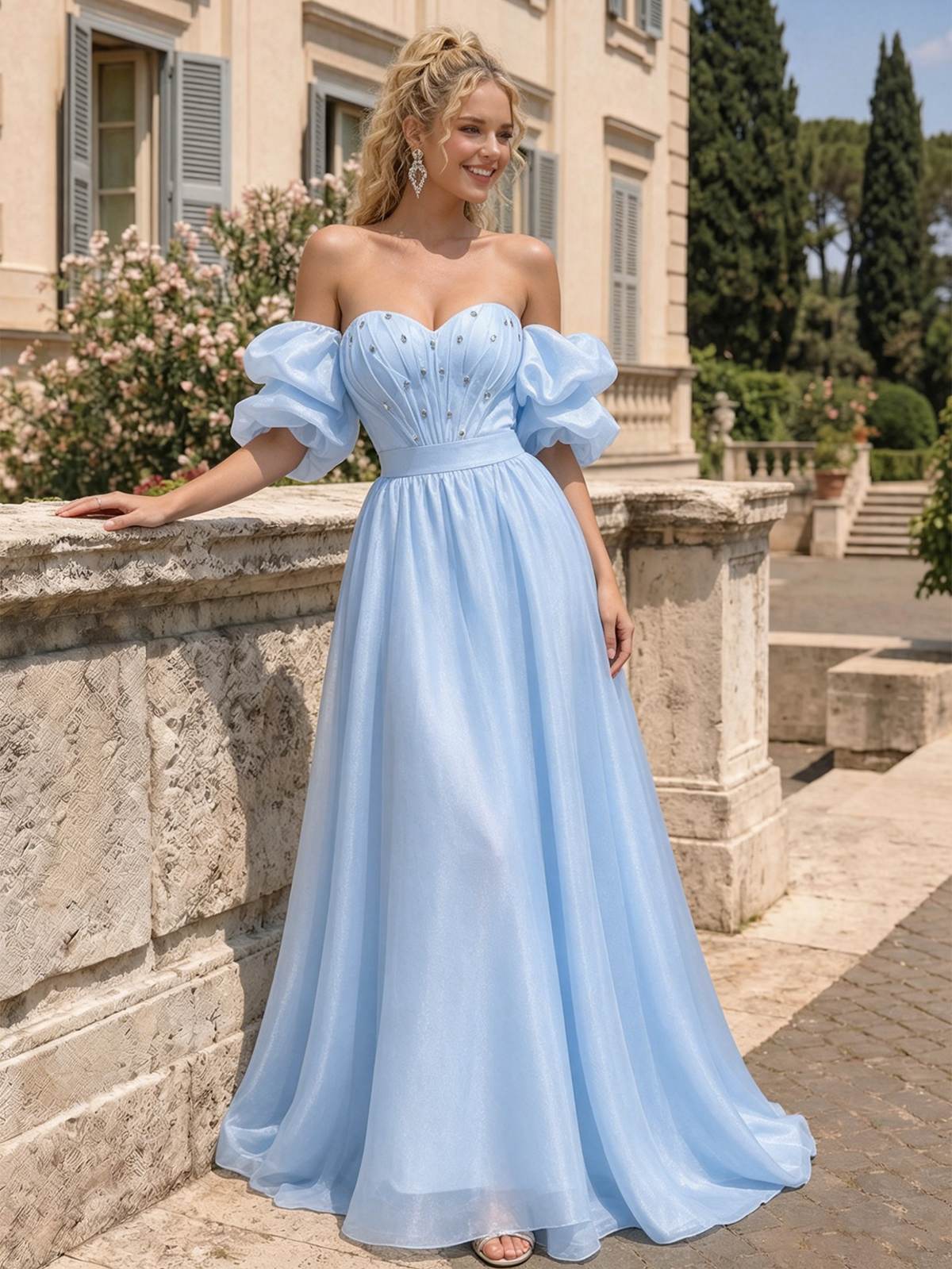 Sky-blue off-shoulder sweetheart A-line prom dress with large puff sleeves and flowing skirt