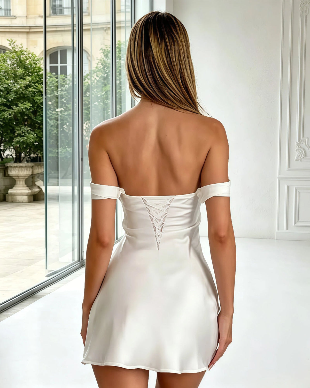 White satin off-shoulder mini dress, open lace-up back detail