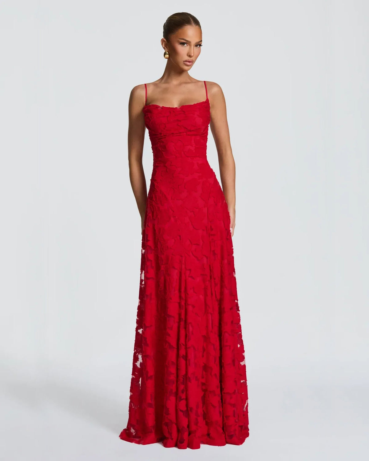 Red floral lace A-line formal dress with fitted bodice and full flared skirt
