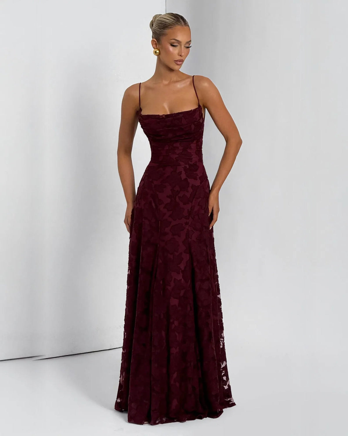 Burgundy floral lace A-line formal dress with spaghetti straps