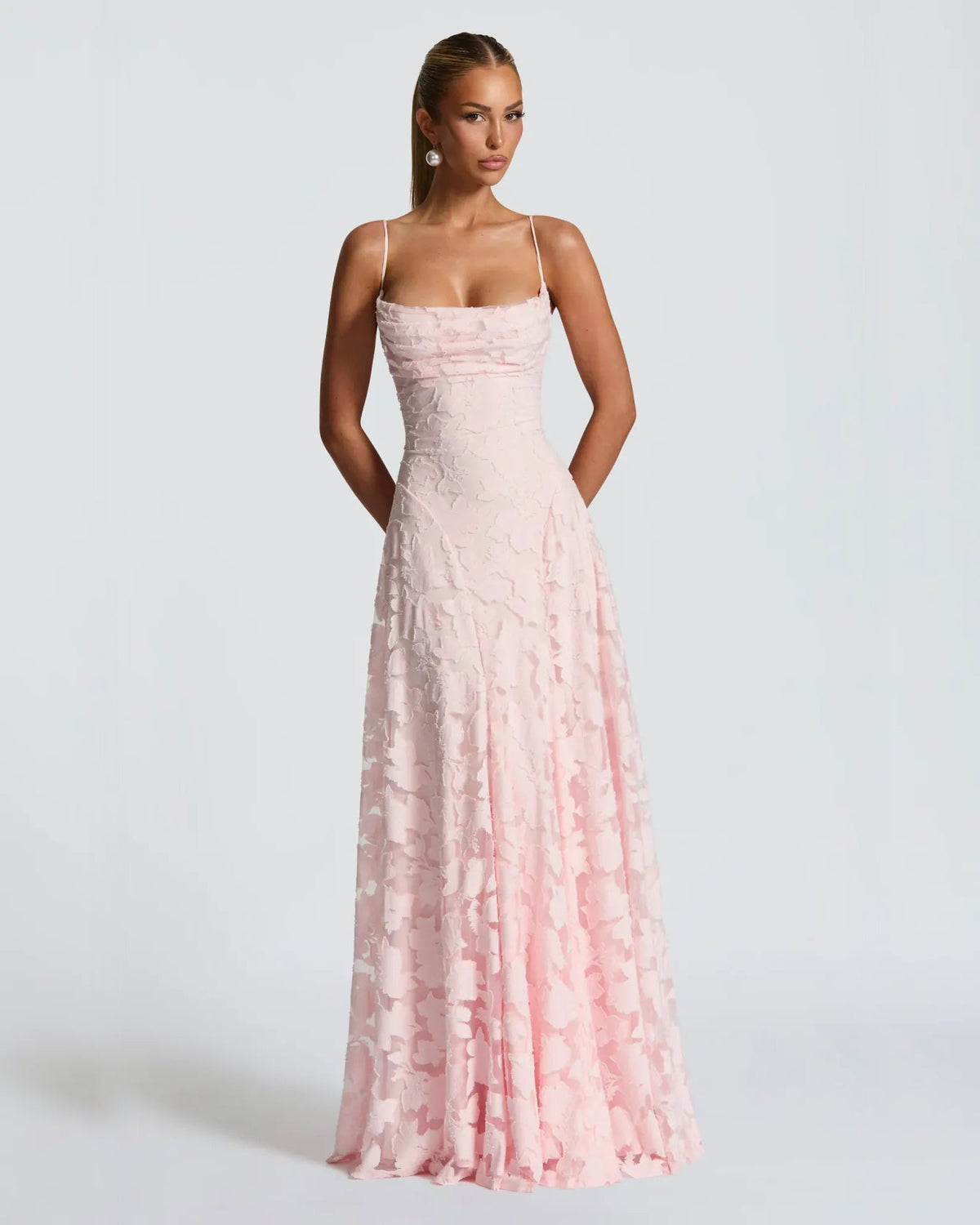 Blush pink floral lace A-line formal dress with fitted bodice and flared skirt