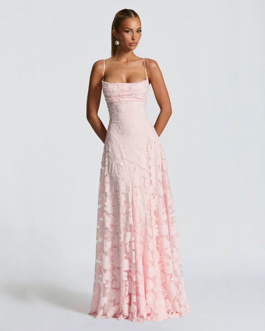 Cowl Neck Floral Lace A-Line Formal Dress with Lace-Up Back