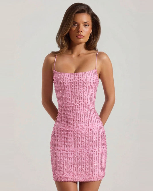 Pink sequin homecoming dress with square neckline and thin spaghetti straps, fitted mini length