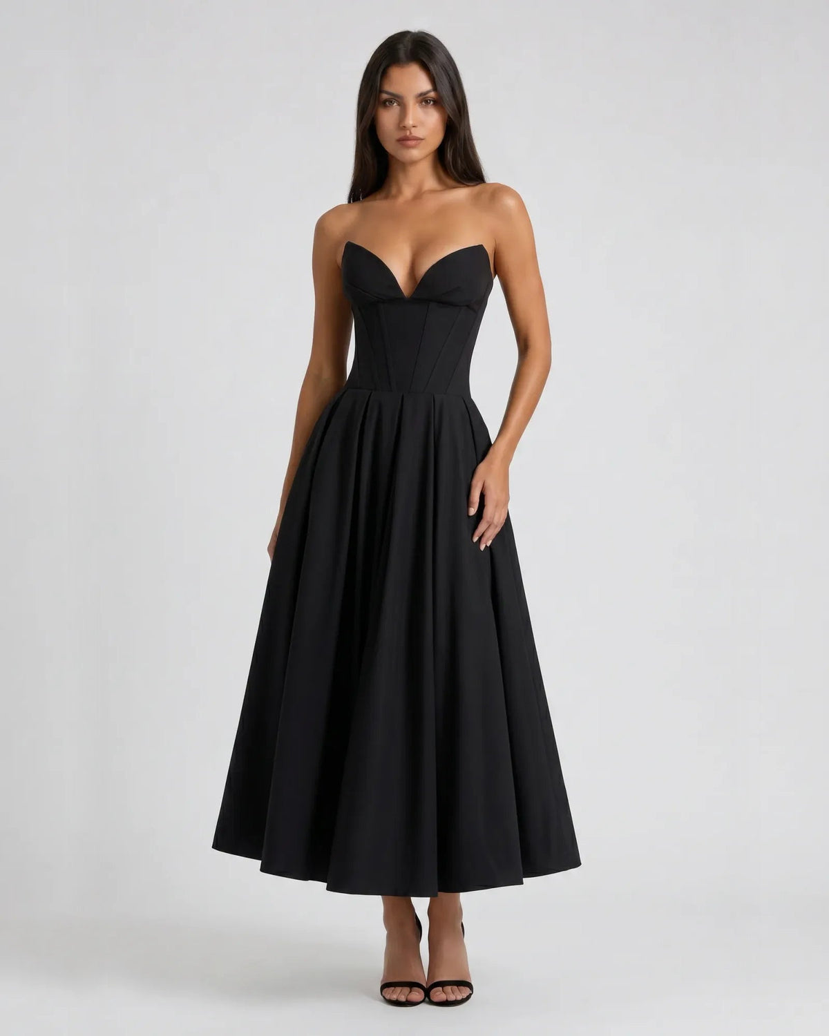 Black strapless sweetheart corset midi formal dress with full A-line skirt