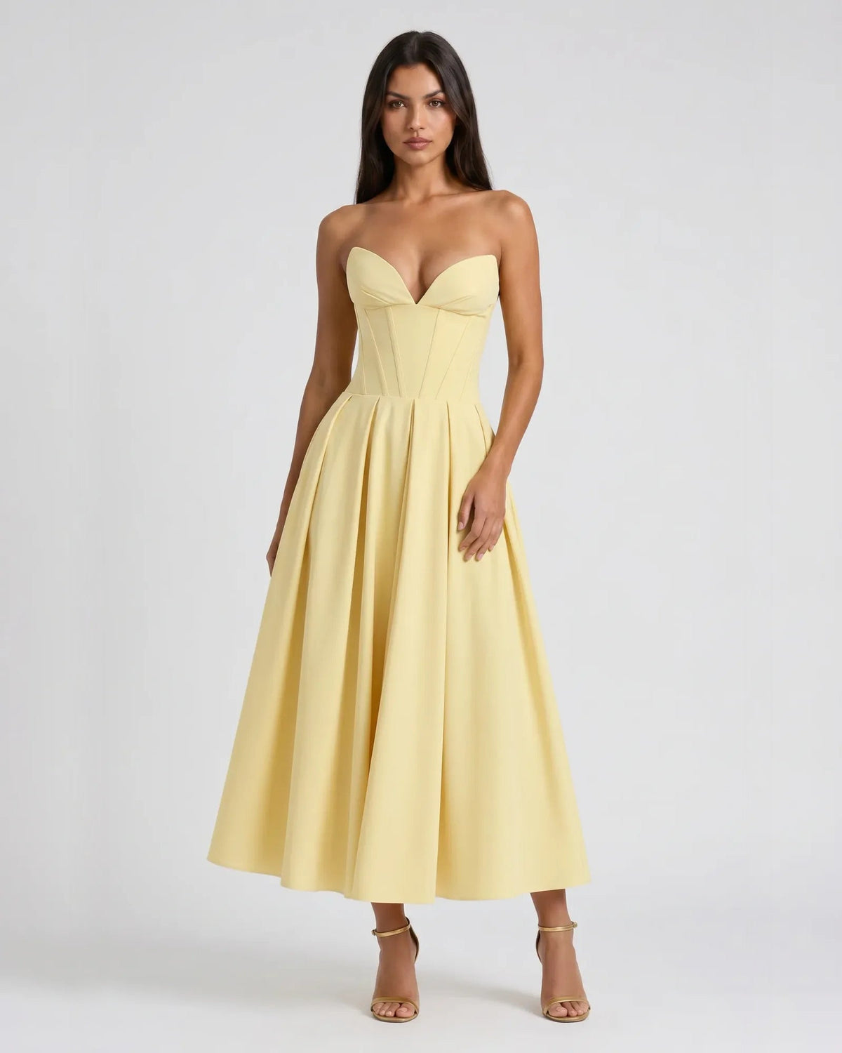 Butter yellow strapless sweetheart corset midi formal dress with pleated skirt