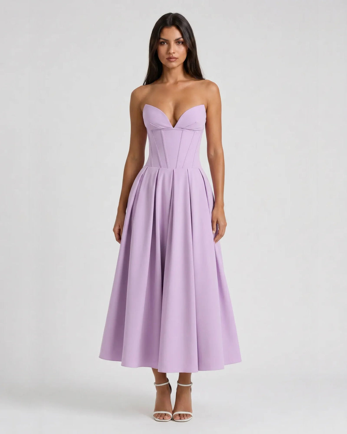 Light purple strapless sweetheart corset midi formal dress with pleated skirt