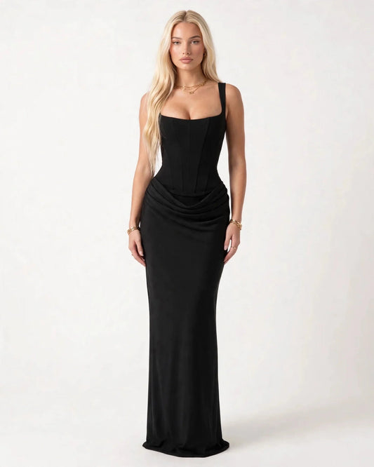 Square Neck Satin Sheath Formal Dress with Corset Bodice