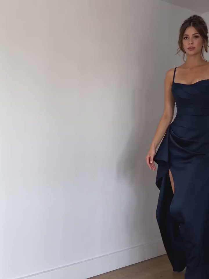 Cowl Neck Draped High-Slit Formal Dress